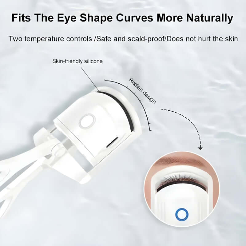 Electric eyelash curler with dual temperature controls for safe and natural curling, featuring skin-friendly silicone.